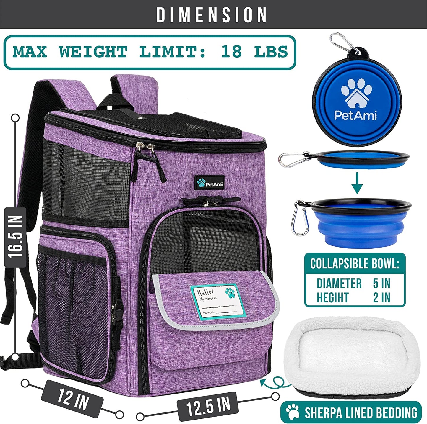 Dog Backpack Carrier, Airline Approved Cat Backpacks for Carrying Small Large Cats, Pet Carrier Back Pack, Ventilated Soft Sided Dog Cat Bookbag for Travel, Hiking, Camping, Purple